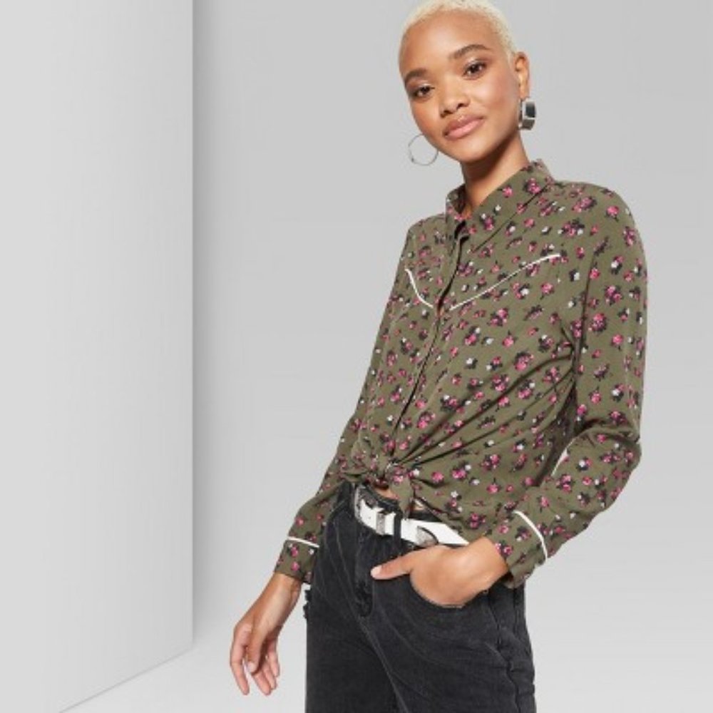 Long Sleeve Button-Down Tie Front tie Western Top